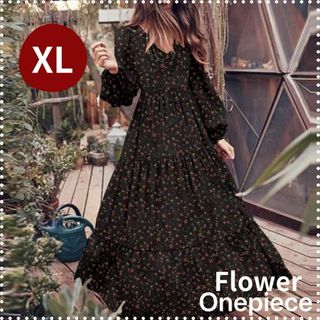 花柄 ワンピース ロングワンピース 長袖 ゆったり マタニティ 黒 XL