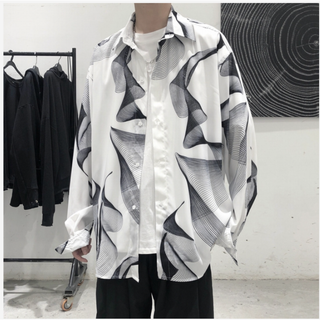 長袖 シャツ 柄シャツ ルーズフィット カジュアルシャツ ホワイト XLサイズ(シャツ)