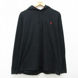 ラルフローレン(Ralph Lauren)のXL★古着 ラルフローレン Ralph Lauren 長袖 ブランド Tシャツ パーカー メンズ ワンポイントロゴ 大きいサイズ コットン 黒 ブラック 25mar11 中古(Tシャツ/カットソー(半袖/袖なし))