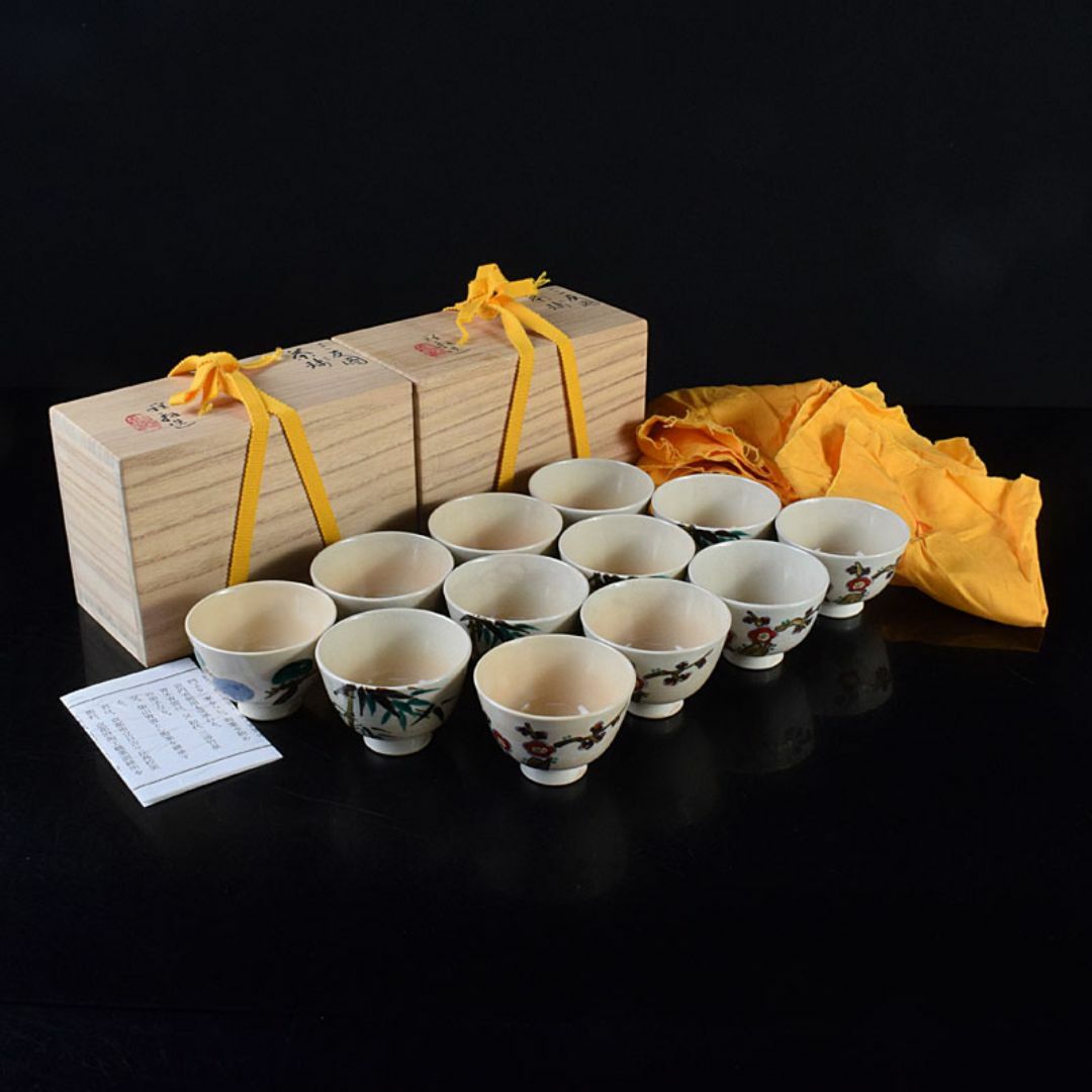 京焼　清水焼　柴山雅軒造　松竹梅図　煎茶碗　6客　共布共箱　2点　M　R8629