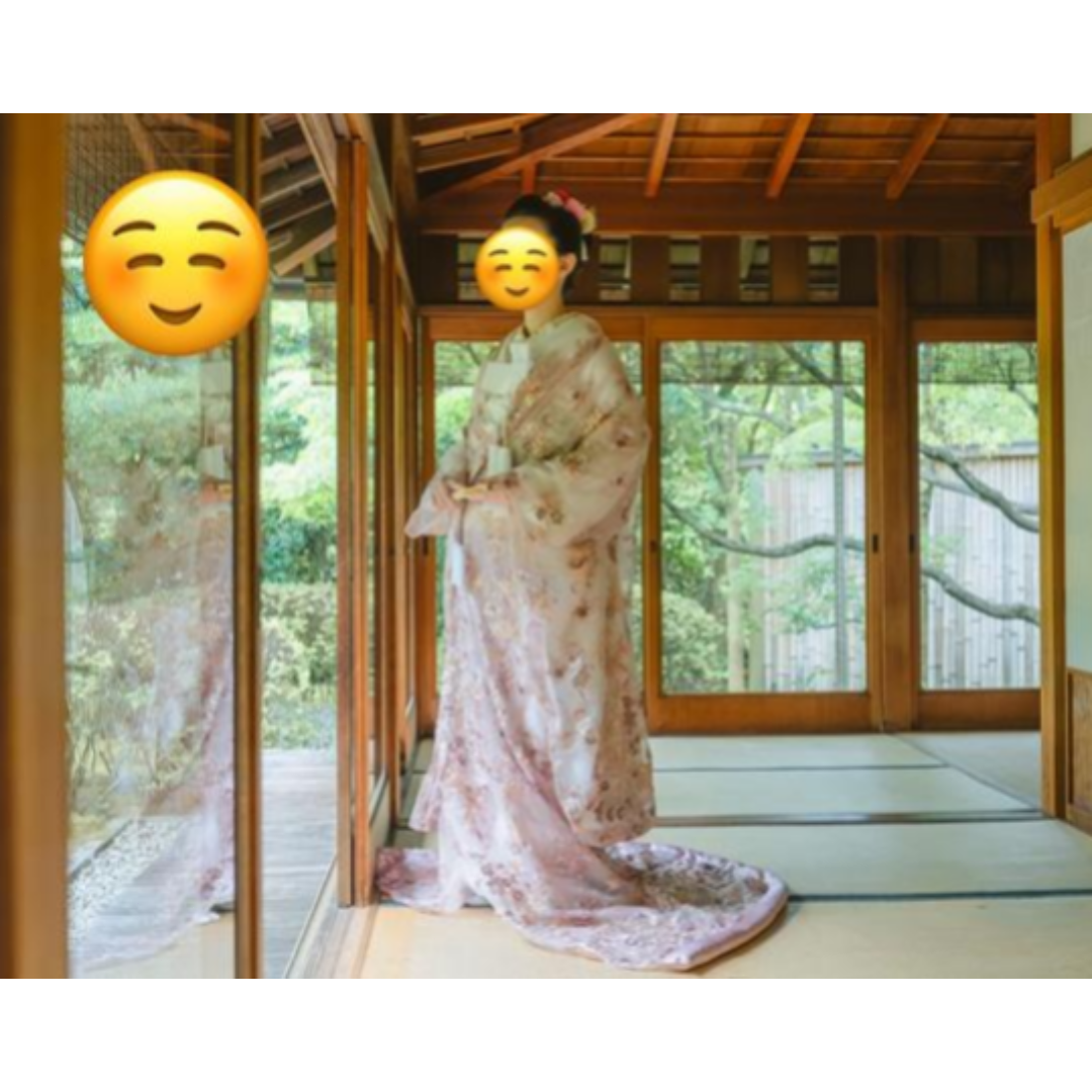 実例写真！ピンク オーガンジー打掛 キラキラ光る刺繍 着物 レース羽織 お色直し