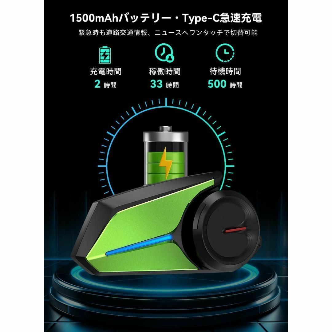 バイク インカム 最大12人接続 1500mAh大容量Bluetooth5.3