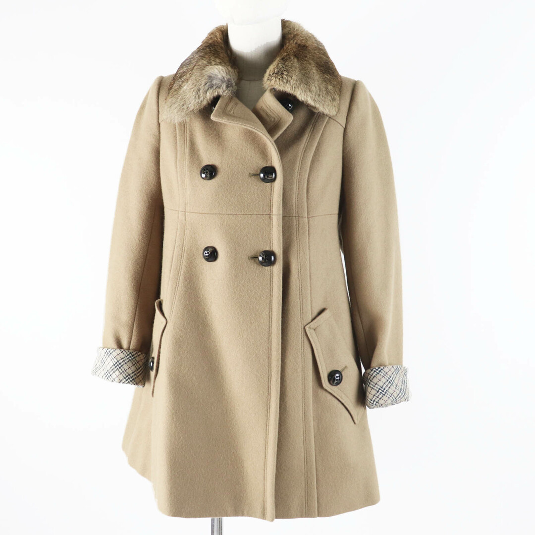 BURBERRY BLUE LABEL - 美品◎BURBERRY BLUE LABEL バーバリーブルーレーベル E1B04-491-40 襟ラビットファー付き 裏チェック柄 ピーコート ベージュ 36 正規品 レディース