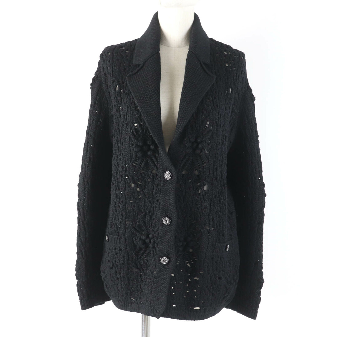 CHANEL - 美品☆CHANEL シャネル P72095K10354 カシミヤ100％ ビジュー付ココマークボタン 透かし編み ニット カーディガン ブラック 36 フランス製 正規品 レディース