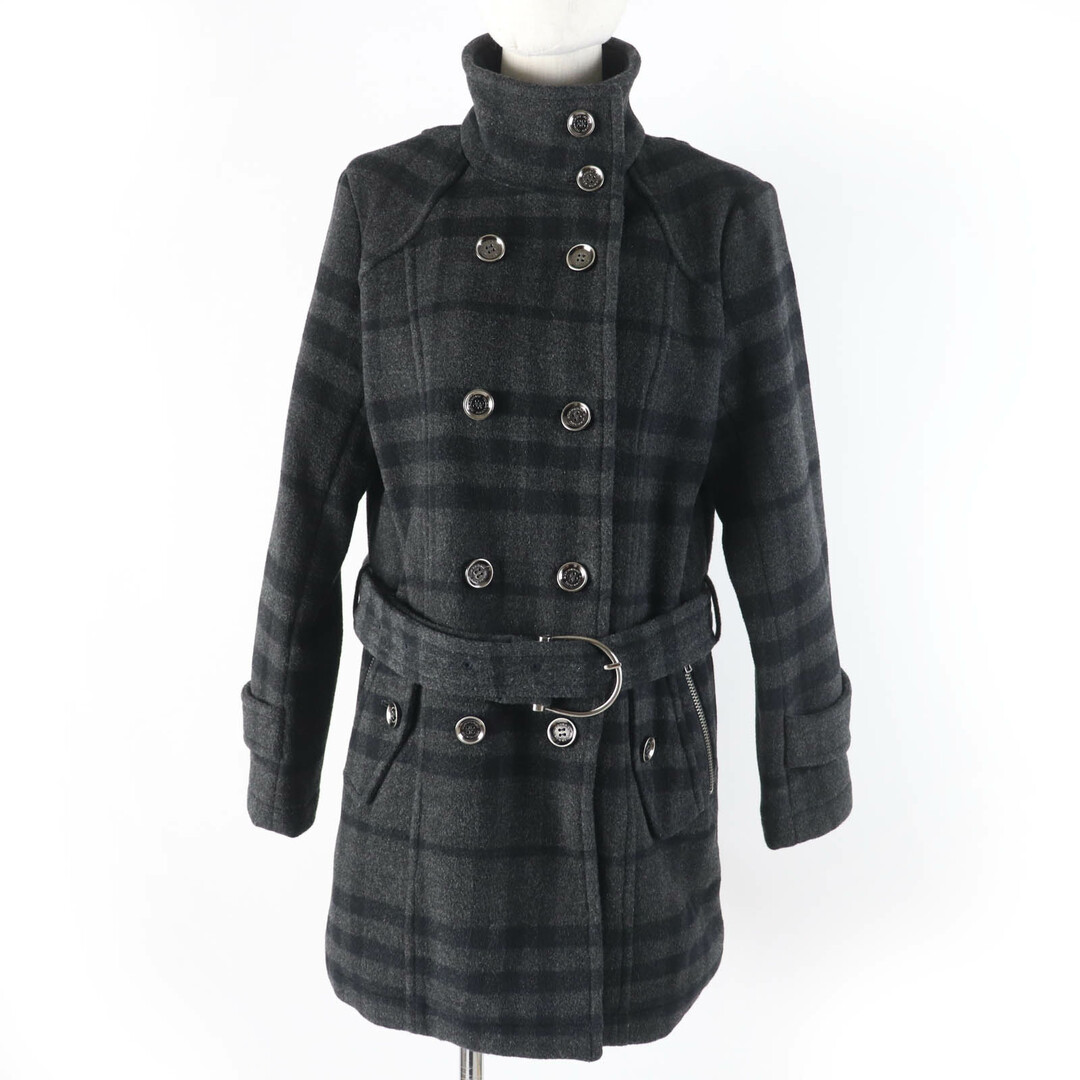 美品☆BURBERRY LONDON バーバリーロンドン ウール カシミヤ混 チェック柄 ベルト付 チェスターコート ダークグレー 40 正規品 レディース