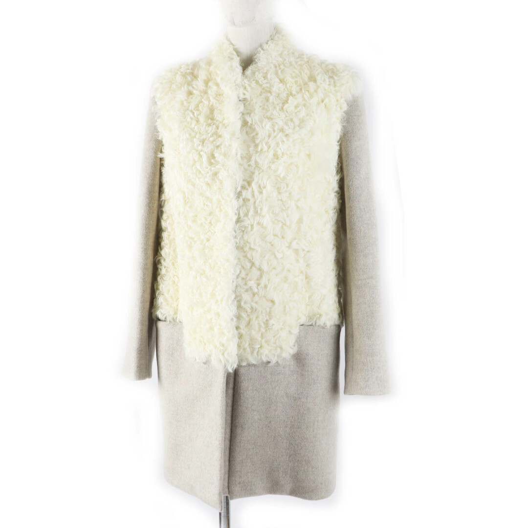 美品◎TERZAKOU PARIS テルザクパリ 19221-32-04-380 ラムファー カシミヤ ロングコート グレージュ ホワイト 36 フランス製 正規品 レディース
