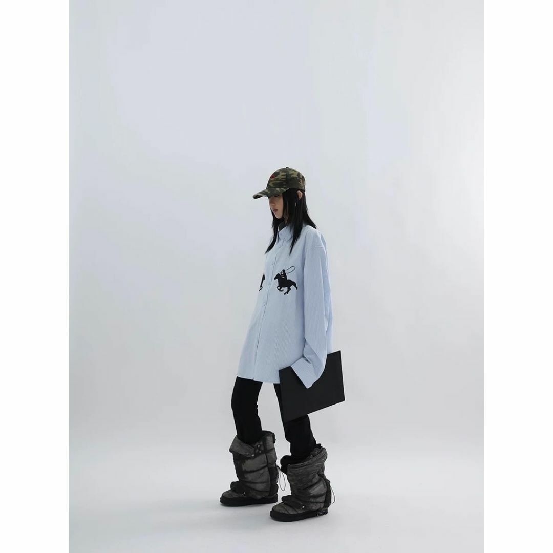 FUZZYKON オーバー ホース ストライプ ロングシャツ ライトブルー