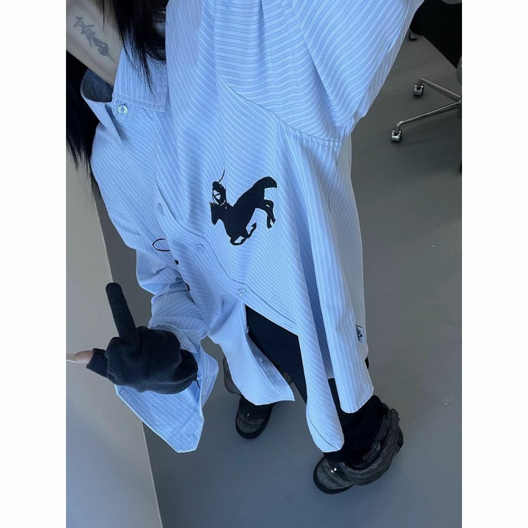 FUZZYKON ストライプオーバーサイズ長袖シャツm FUZZYKON ストライプ グラフィックプリント オーバーサイズ シャツ
