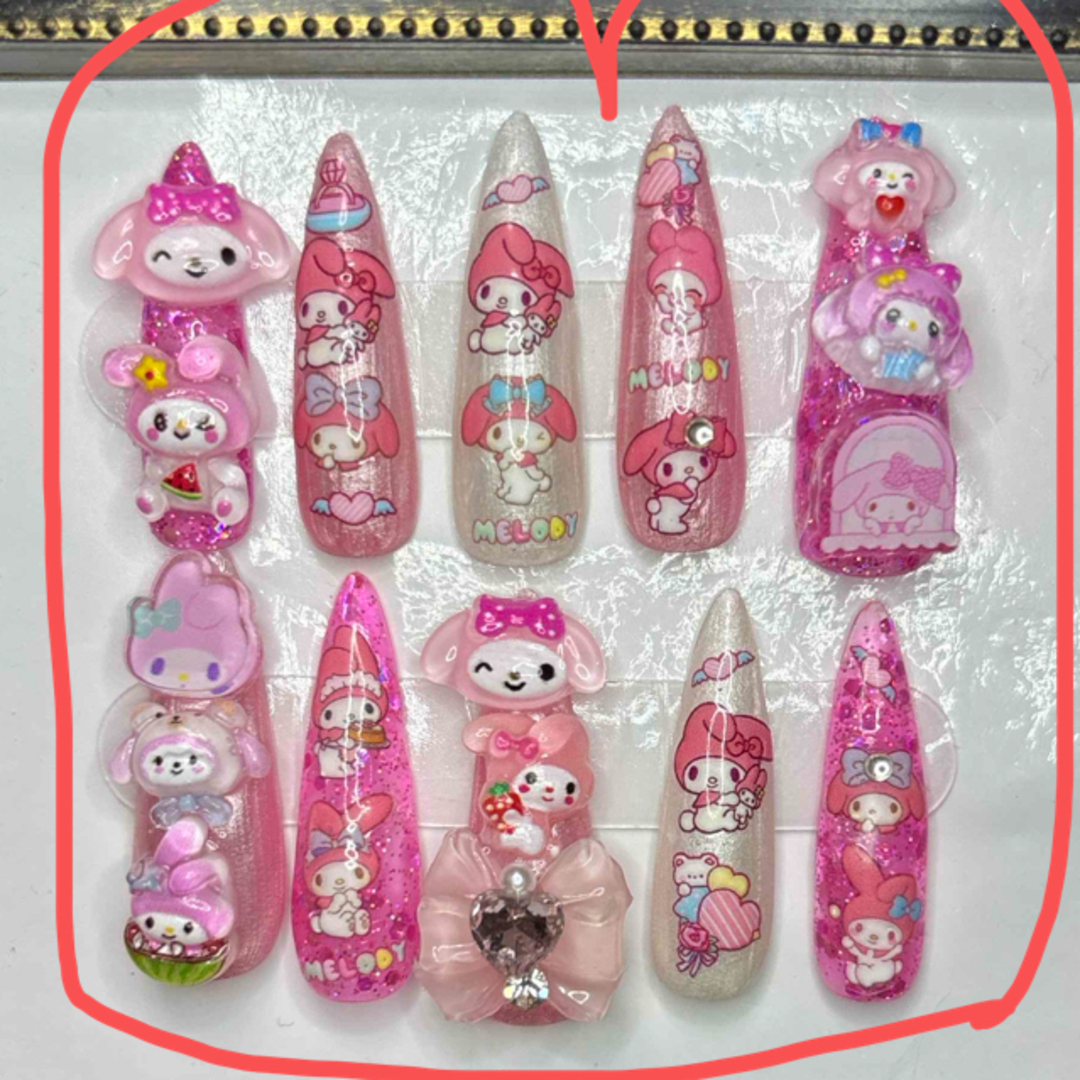 nail No.647 キッズネイル マイメロ 推しキャラ ぴえん 地雷 ピンク コスメ/美容のネイル(つけ爪/ネイルチップ)の商品写真