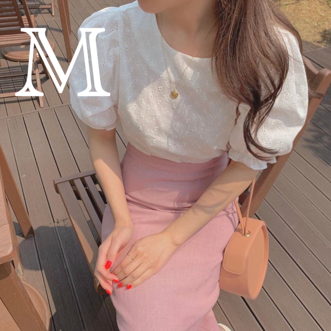 M レース柄トップス 半袖カットソー パフスリーブ 洋服 レディースファッション レディースのトップス(カットソー(半袖/袖なし))の商品写真