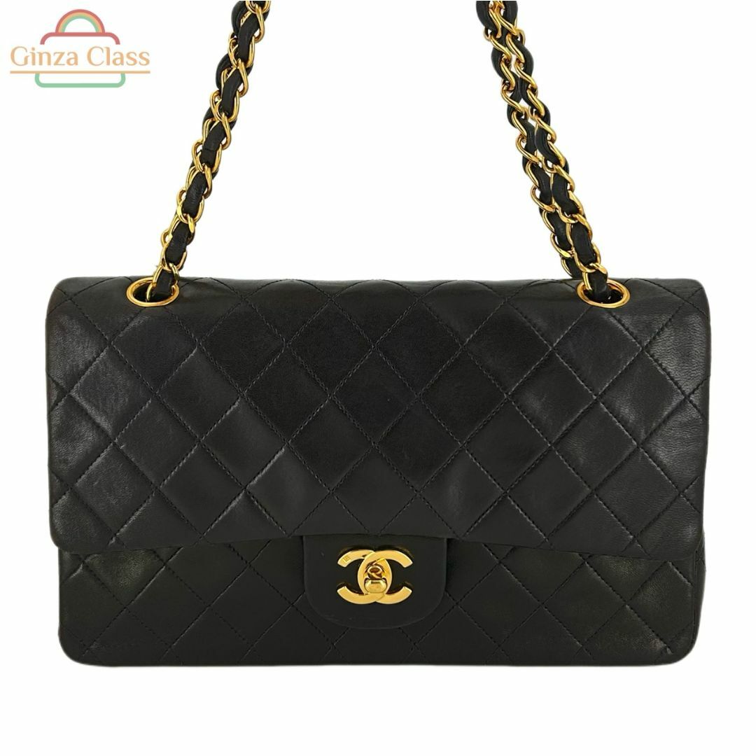 CHANEL - CHANEL シャネル Wフラップ マトラッセ 2WAY チェーン ショルダーバッグ 25cm ラムスキン ブラック 3番台（1985～1993年） ゴールド金具 ダブルフラップ ダブルチェーン レディース ヴィンテージ ターンロック 中古 Ginza Class Luxury Shop
