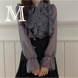 23【まとめ割引】M・グレー・シフォンブラウス 長袖シャツ トップス フリル(シャツ/ブラウス(長袖/七分))