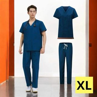 医療用スクラブ メンズ 上下セット ブルー 青 XLサイズ 無地 看護師 医師(その他)
