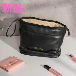 新品大容量 ２層式 メイクポーチ レザー ブラック クラッチバッグ 収納ポケット(ポーチ)