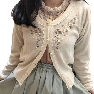 アクシーズファム(axes femme)のアクシーズファム　花刺繍×パールカーディガン　きなり色(カーディガン)