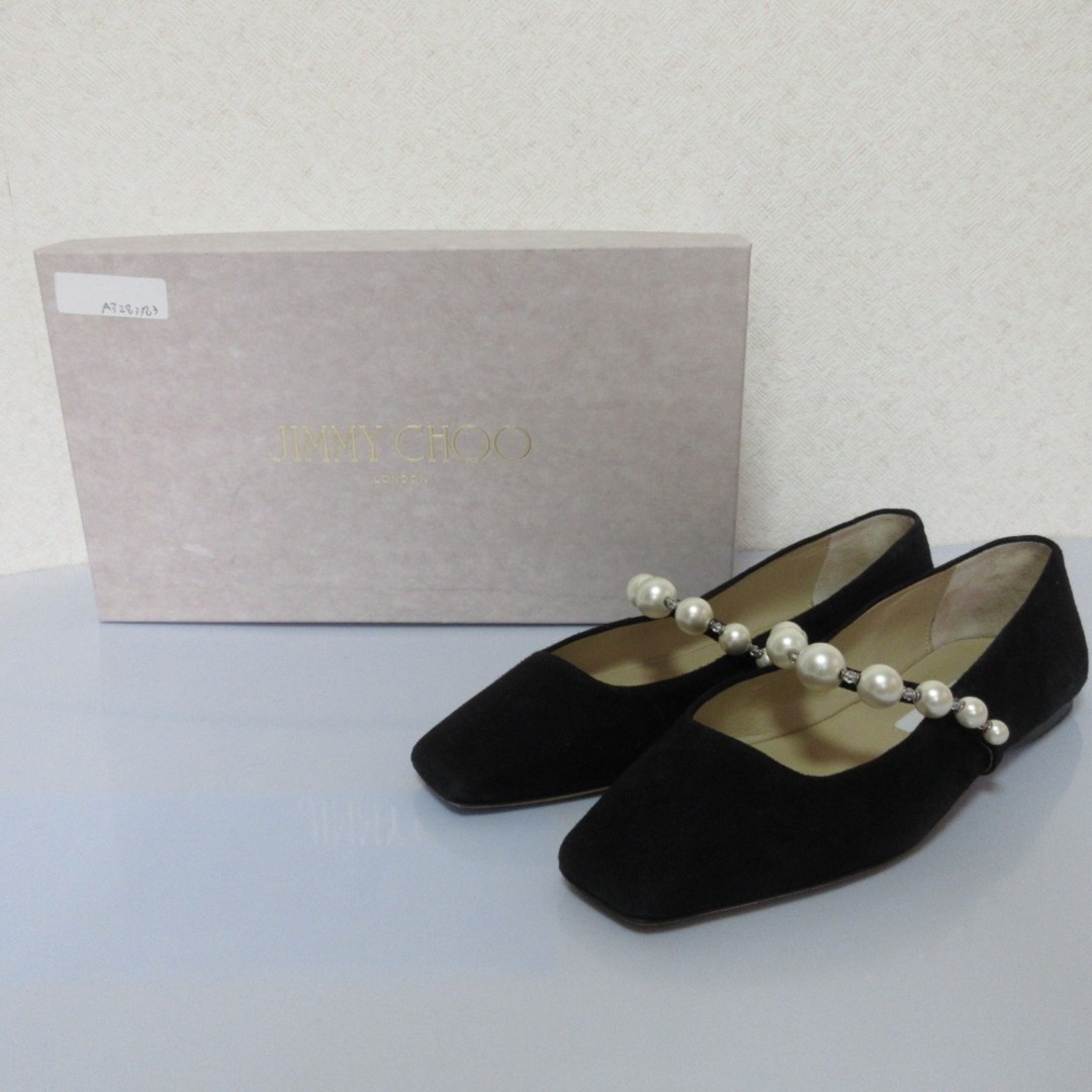 JIMMY CHOO - 美品 21AW JIMMY CHOO ジミーチュウ スエード パール メリージェーン スクエアトゥ フラットシューズ パンプス 37 23.5cm相当 ブラック レディース 古着 中古 USED
