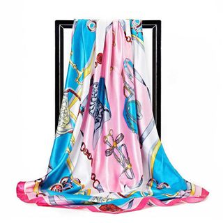 大判90cm×90cm シルク スカーフ ストール バンダナ ブルーピンク系04(バンダナ/スカーフ)