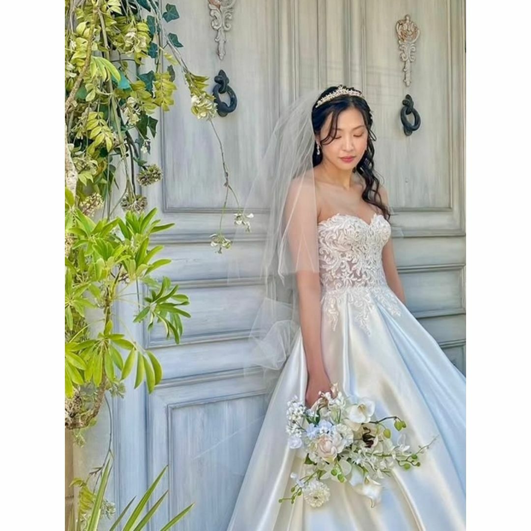 ウェディングドレス ベアトップ 上品レース くるみボタン ミカドサテン 結婚式