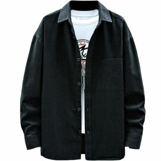 シャツ メンズ 長袖 カジュアル ビジネス 秋冬 おしゃれ 無地 厚手 ブラック(パーカー)