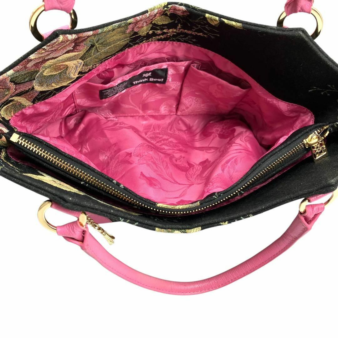 良品◎シンクビー トートバッグ キャンバス 黒ピンク 花柄