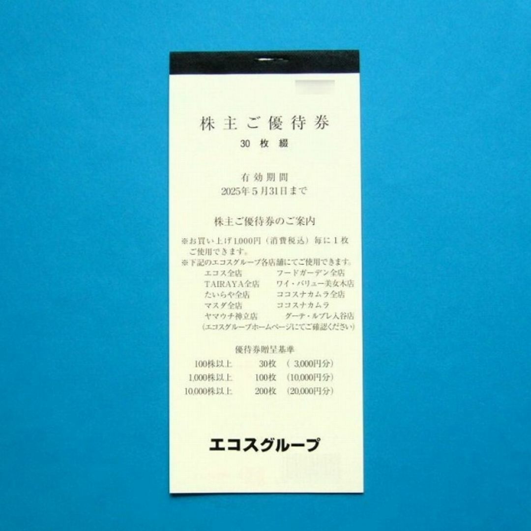 エコス 株主優待 株主優待券 3000円分 (100円券×30枚) チケットの優待券/割引券(ショッピング)の商品写真