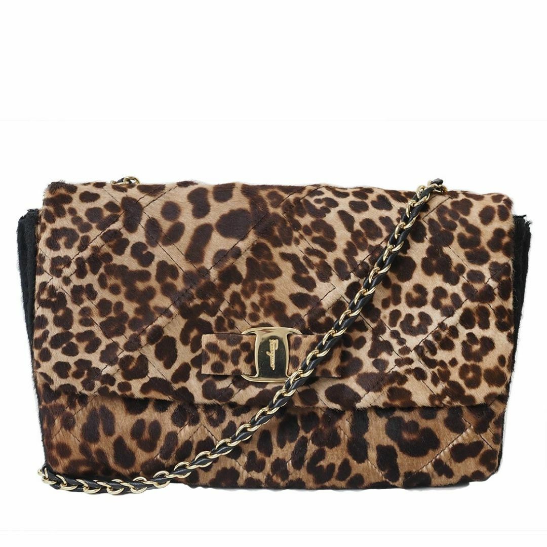 Salvatore Ferragamo - サルヴァトーレ フェラガモ ハラコ レオパード ヴァラ リボン チェーンショルダー ブラウン AU-21/E767 レディース ショルダーバッグ 小さめ Salvatore Ferragamo