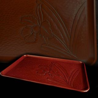 鎌倉彫 陽堂謹製 高級漆器 天然木本漆 30×45.5㎝ カトレア彫文 天然木 (漆芸)