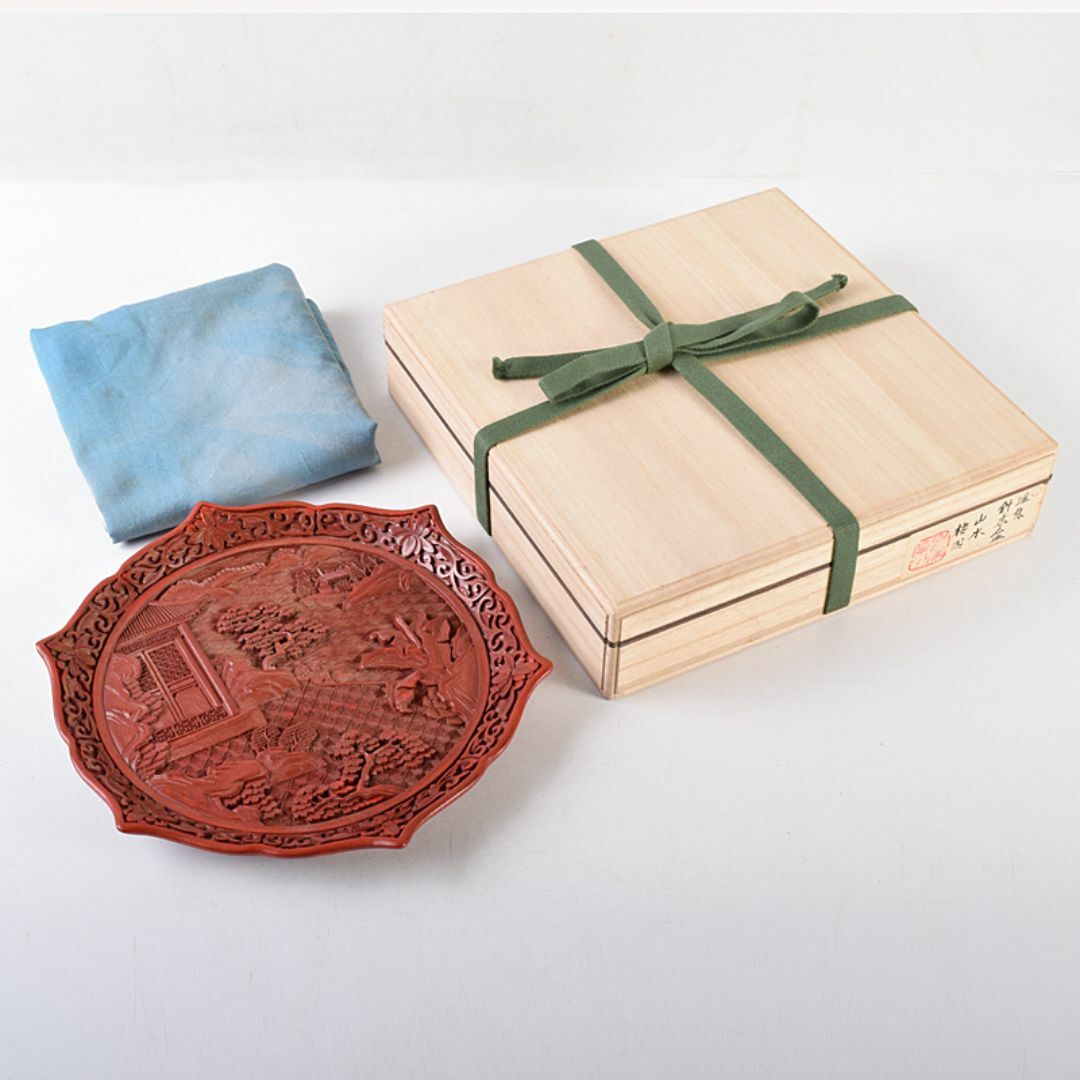 中国　堆朱　山水楼閣彫　針木盆　輪花盆　時代箱付　F　R8632