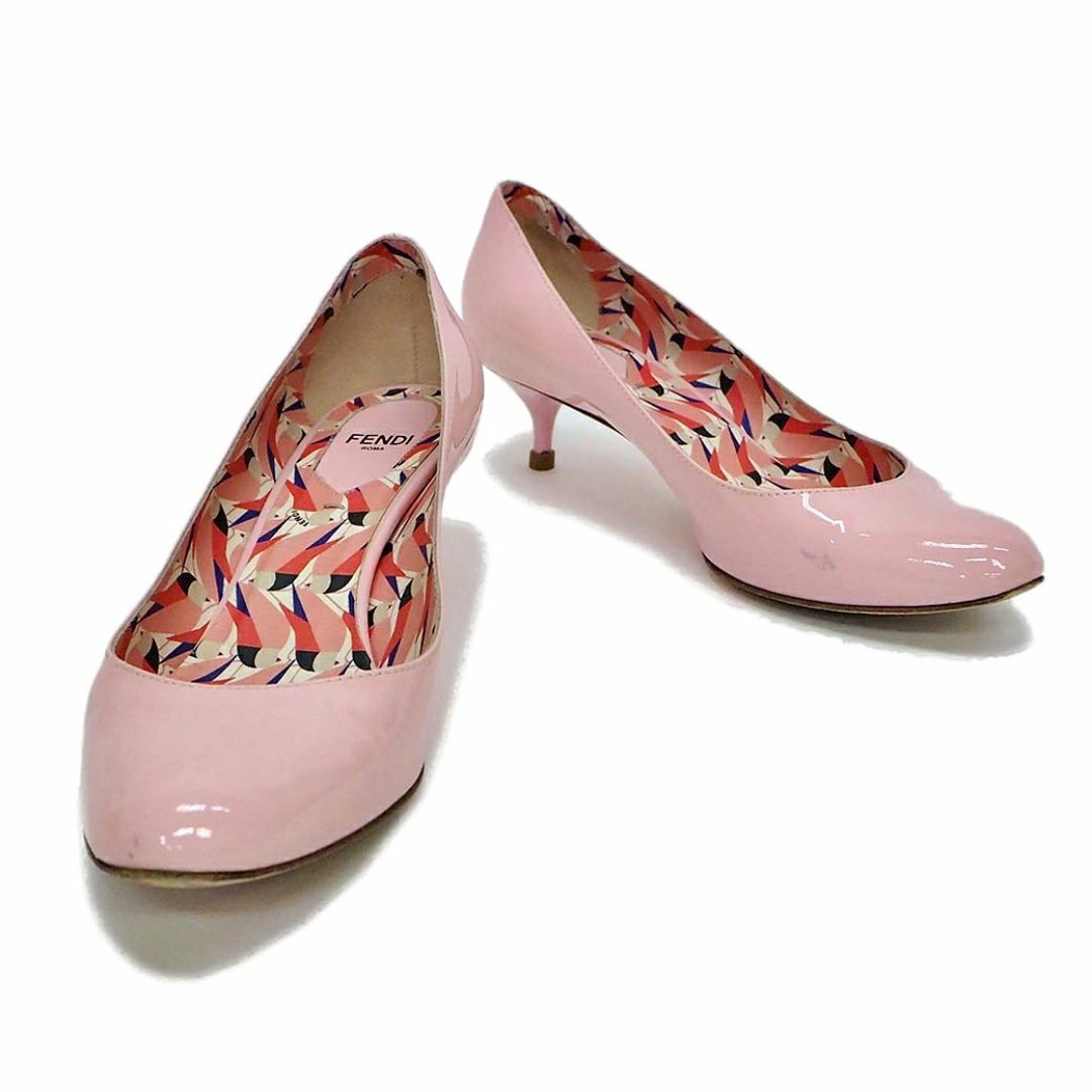 FENDI - フェンディ 靴 エナメルパンプス ピンク レディース パテントレザー ローヒール 37(24cm位) 5cm シンプル ピンヒール ポインテッドトゥ 幅広 ゆったり 大きいサイズ 春夏 FENDI