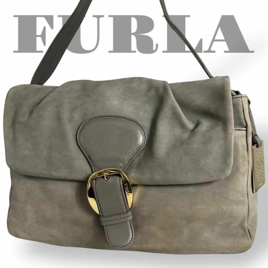 FURLA - 美品　フルラ　トートバッグ　肩掛け　スエード　スウェード　フラップ付き　カーキ