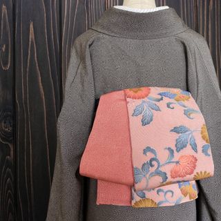 *絹お着物リメイク*桃色縮緬と江戸小紋　大人の兵児帯　半幅帯　長尺　ハンドメイド(帯)