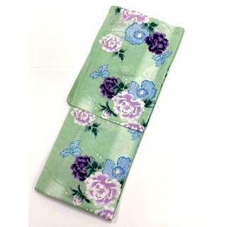 ☆新品未使用☆女性用綿麻浴衣　緑系花模様　フリーサイズ(浴衣)