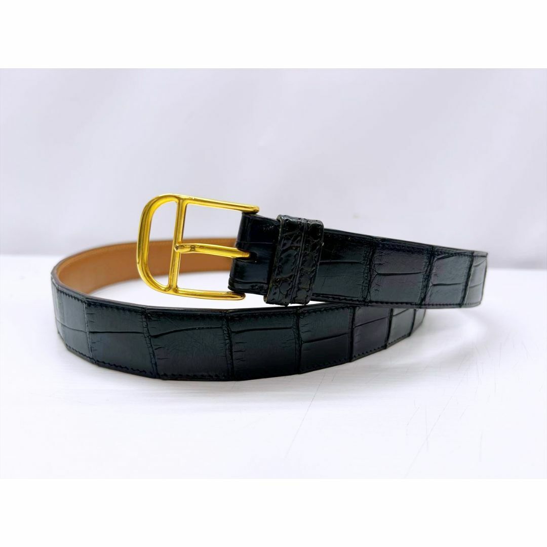 HERMES - 81.5～91.5　エルメス　アリゲーター　メンズ　ベルト　黒　ゴールド　〇X