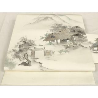 平和屋着物◎塩瀬　九寸名古屋帯　手描き　風景文　正絹　逸品　AAAR6971st(帯)