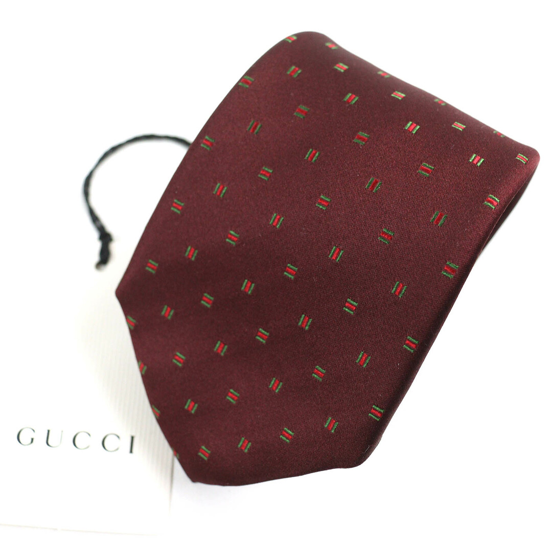 GUCCI - 未使用品△GUCCI グッチ 406354 シルク100％ ウェブライン総柄 裏地GG柄 ネクタイ ボルドー系 148×7xm 箱付き イタリア製 正規品 メンズ 紳士小物 オススメ◎