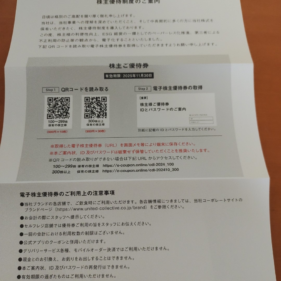 ユナイテッドコレクティブ 5000円分株主優待 チケットの優待券/割引券(レストラン/食事券)の商品写真