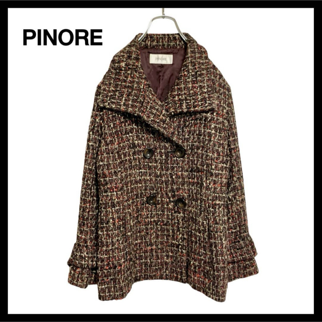 PINOLE(ピノーレ)の【美品】 PINORE ピノーレ ツイードコート　ピーコート　ワインレッド　M レディースのジャケット/アウター(ピーコート)の商品写真