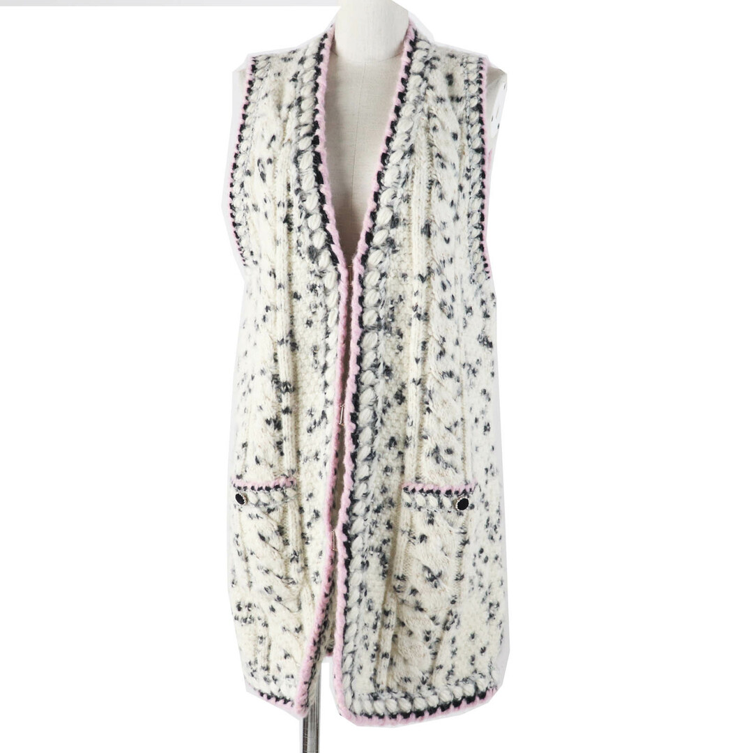 CHANEL - 極美品◎CHANEL シャネル 2021年製 21A P71038 カシミヤ混 ランウェイ着 ロング丈 ニットベスト エクリュ ブラック ゴールド ピンク 36 イタリア製 正規品 レディース