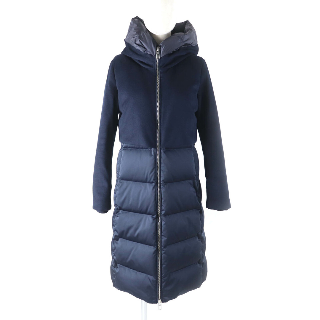 極美品★DUNO デュノ CESILE PRATO ロゴ金具付 ウール切替 ZIP UP ダウンコート ダウンジャケット アウター ネイビー 40 レディース