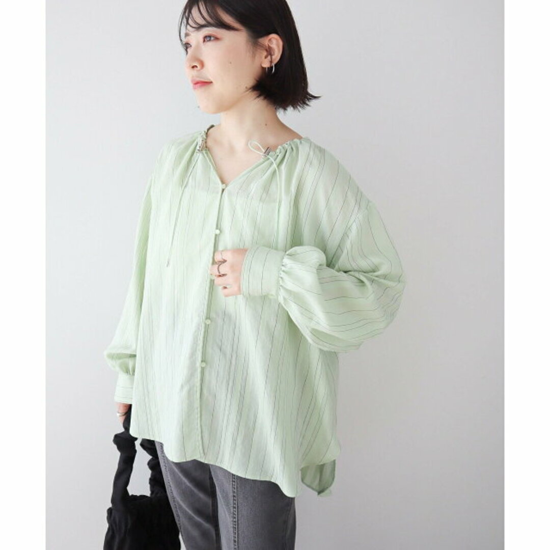 green parks(グリーンパークス)の【ミント】ドロストネックシアーストライプチュニック レディースのトップス(シャツ/ブラウス(長袖/七分))の商品写真