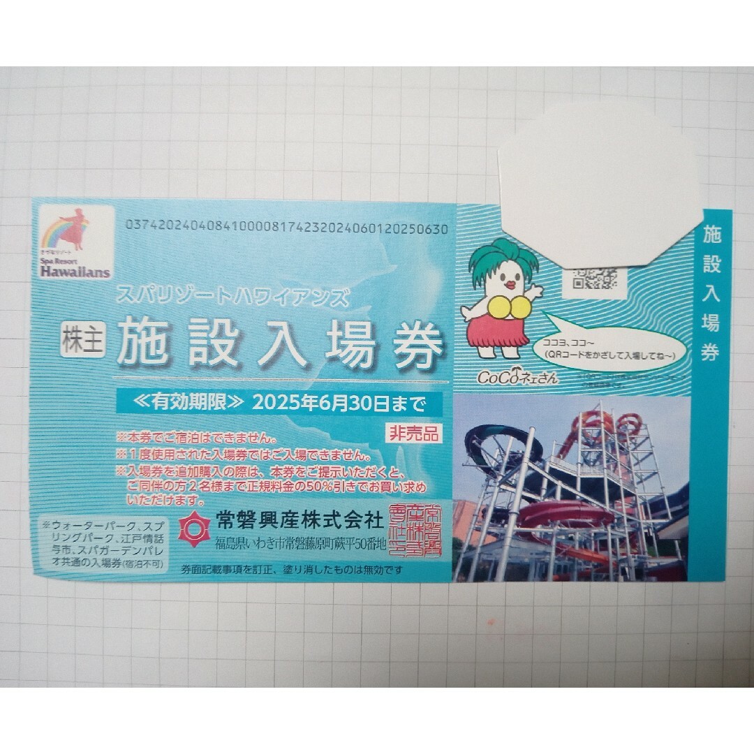 ハワイアンズ 株主優待券 1枚(J) チケットの施設利用券(遊園地/テーマパーク)の商品写真