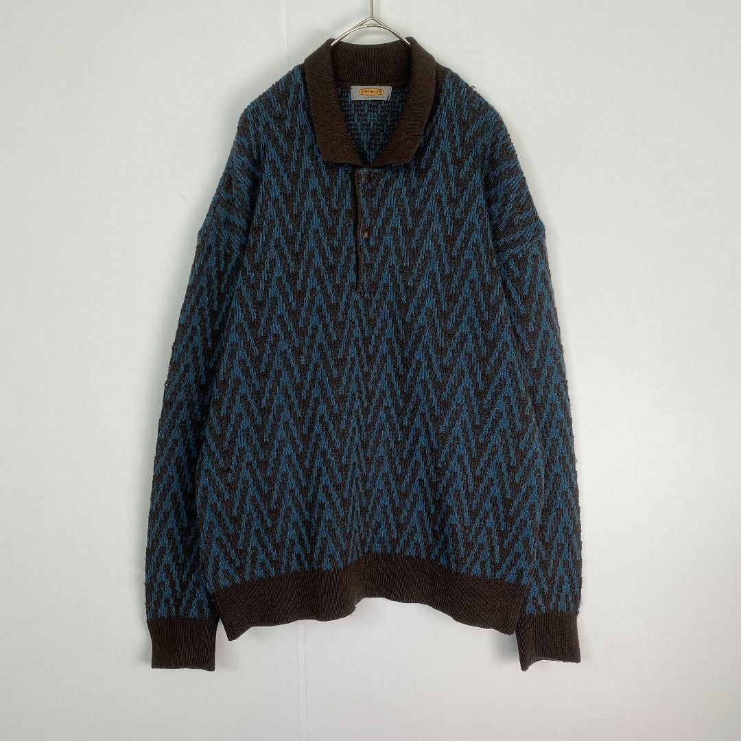 ニット　ポロニット　総柄　レトロ　古着　メンズ　L XL
