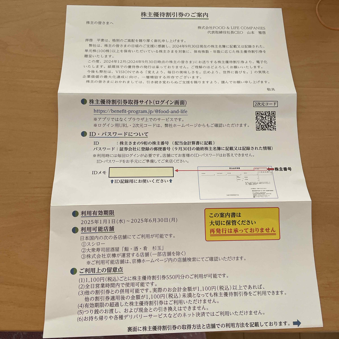 スシロー 株主優待 1,650円分 FOOD&LIFE COMPANIES チケットの優待券/割引券(レストラン/食事券)の商品写真