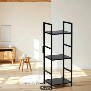 3段工業風木製棚ユニット 高さ80cm - ブラックメタルフレームと天然木棚(日用品/生活雑貨)