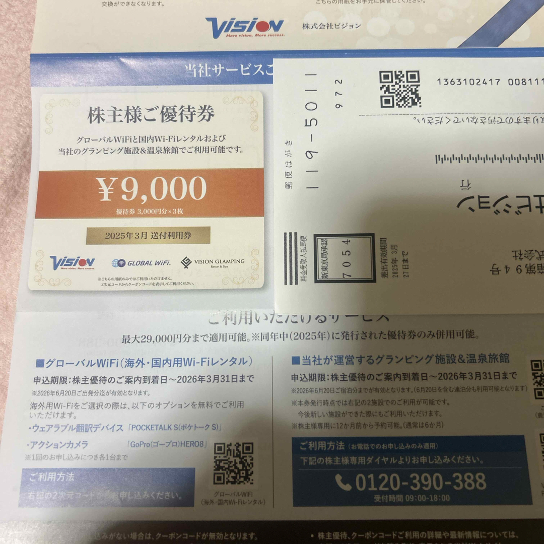 ビジョン株主優待9,000円 チケットの優待券/割引券(ショッピング)の商品写真