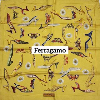 サルヴァトーレフェラガモ(Salvatore Ferragamo)の★Ferragamo★ ミニスカーフ ハイヒール 花 蝶 マスタードイエロー(バンダナ/スカーフ)