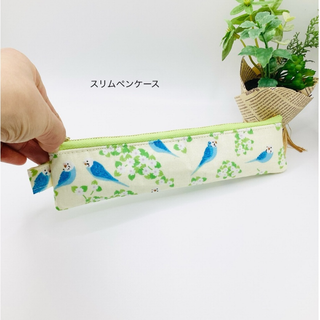 スリムペンケース☆インコ＆ドット柄（グリーン）(ポーチ)