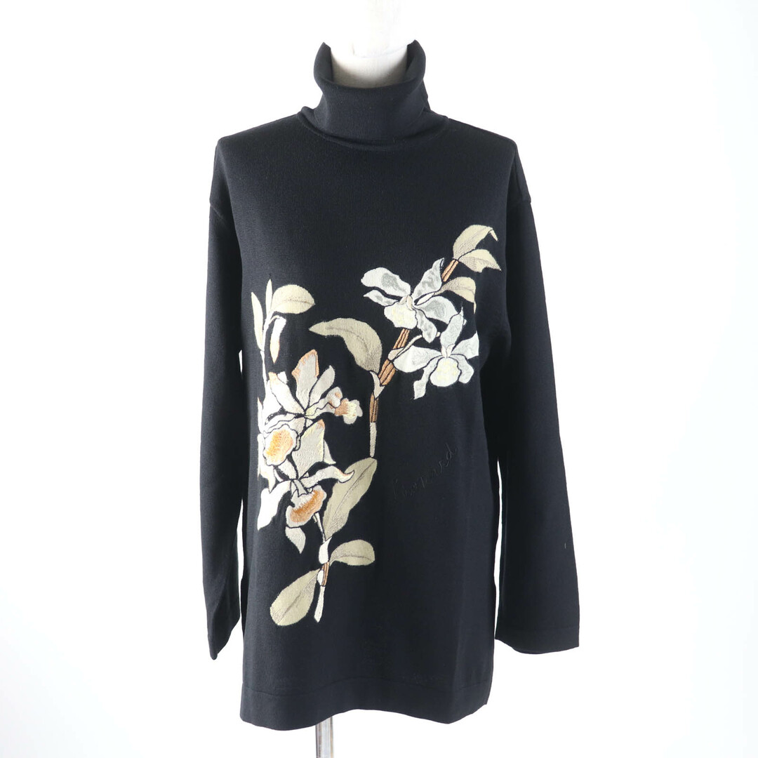 美品★LEONARD FASHION レオナール ファッション シルク混 花柄刺繍 サイドスリット タートルネック 長袖 ウールニット ブラック M 日本製 レディース