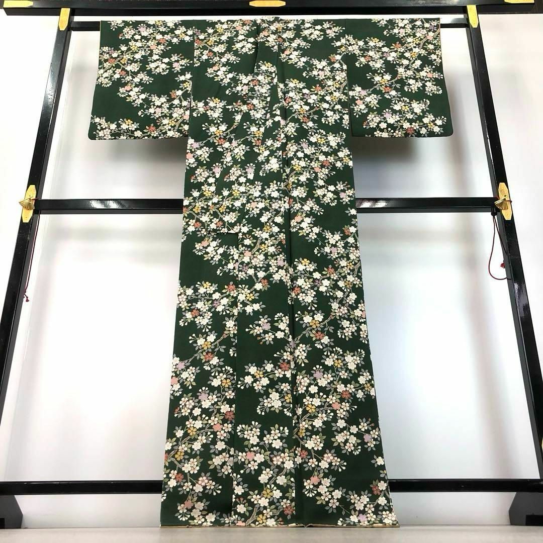 MK-1420 小紋 洗える着物 桜の枝花模様 縮緬 青漆色