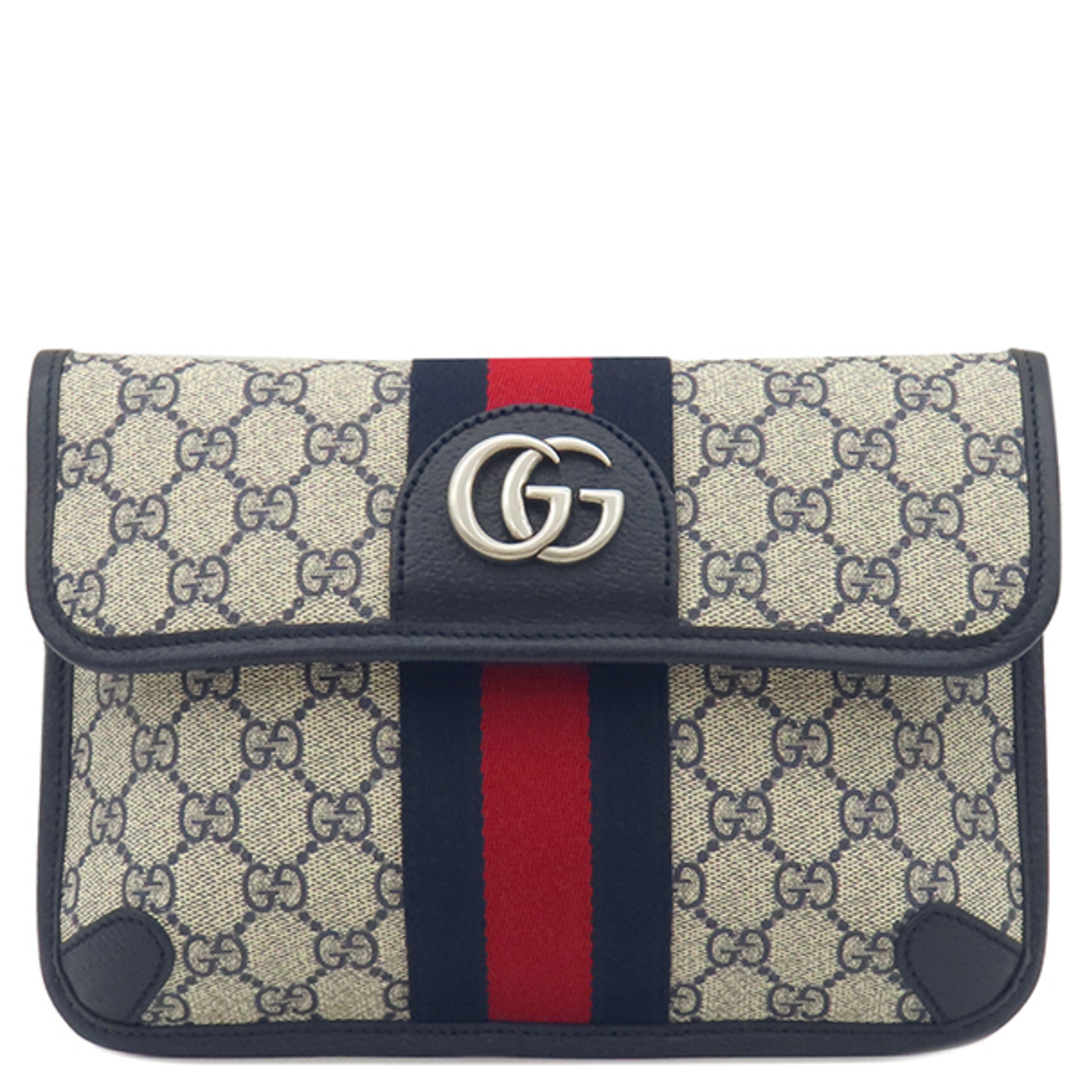 GUCCI - グッチ GUCCI ウエストバッグ オフィディア GGスプリーム ベルトバッグ GGスプリームキャンバス レザー ベージュ×ネイビー シルバー金具 ウェブ 紺 赤  674081 【箱】【中古】